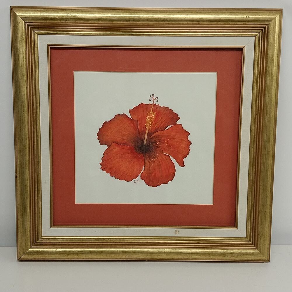 Red Hibiscus Fine Art Print Gold Frame Floral Wall Art 19" Square Signed Vintage